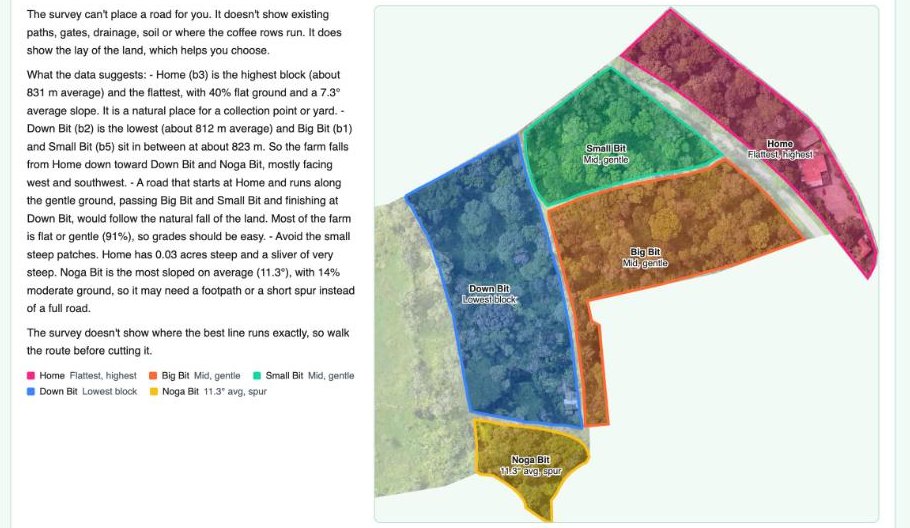 AI answer on where to run a harvest road, using each block's height and slope, with the blocks labelled on the drone map
