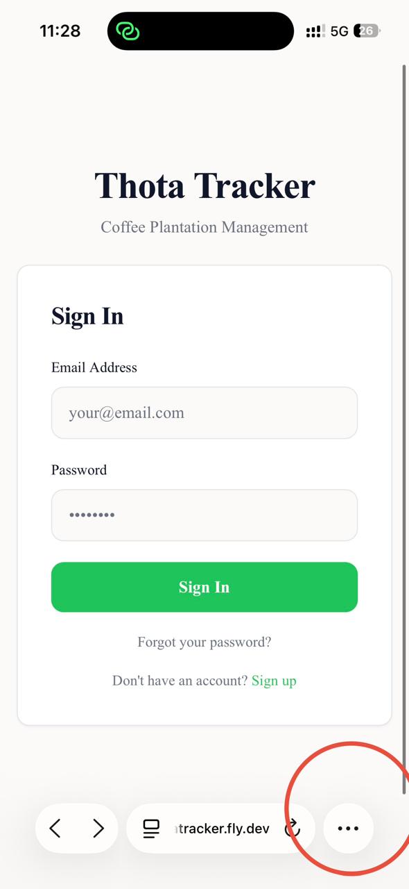 ThotaTracker sign-in page open in Safari on iPhone