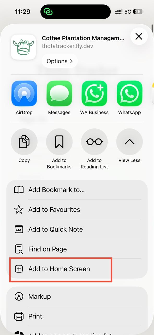 Safari share sheet with Add to Home Screen option highlighted